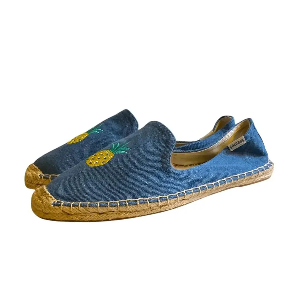 Anthropologie Soludos Chambray Blue Slip On Jute Espadrilles Women 10M Pineapple